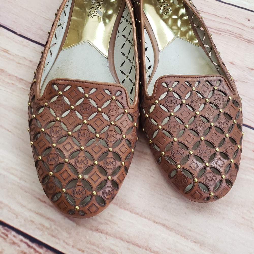 Michael Kors Shoes Womens Size 9M Brown Laser Cut Studded Flats Leather MK Logo - Picture 2 of 9